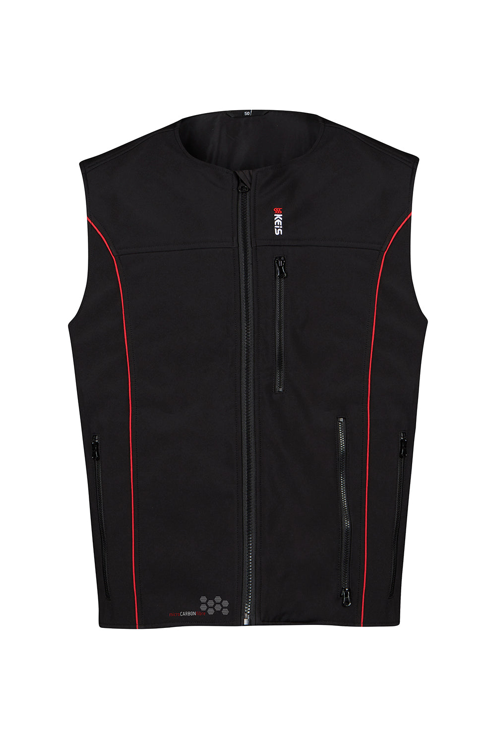Keis heated vest baclk with red piping down front