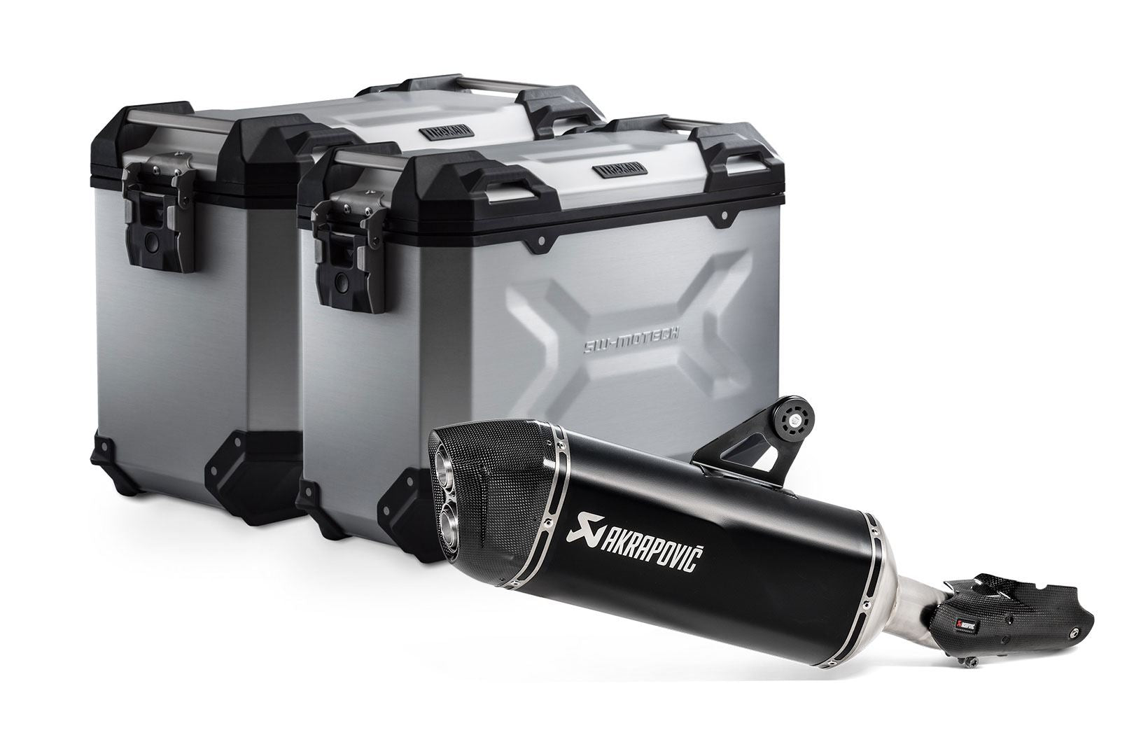 TRAX ADV aluminum case system + Akrapovic Silver. 45/37 l. BMW R 1250 GS/Adv/Rallye (18-).